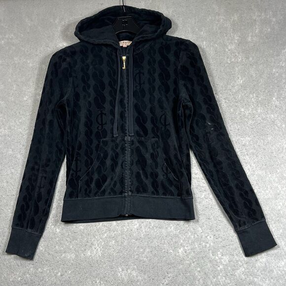 Vintage Juicy Couture Signature Hoodie Womens M Blk Velour Hoodie Track Jacket - Picture 1 of 14